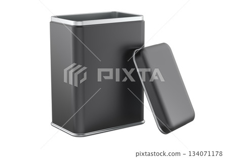 Black metal tin container with open lid. 3D rendering Black metal tin container with open lid. 3D rendering 134071178