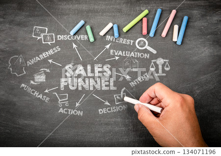 Sales Funnel Strategy Diagram on Chalkboard with Hand Drawing Elements Sales Funnel Strategy Diagram on Chalkboard with Hand Drawing Elements 134071196