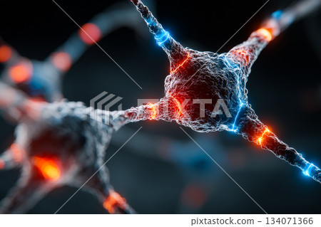 In a close-up view, interconnected neurons are exchanging signals, showcasing dynamic communication. The animation highlights vibrant colors representing activity and interaction. 134071366