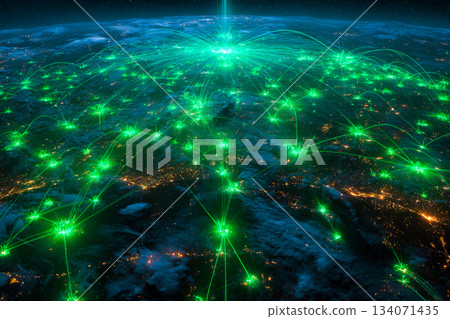 Bright green and blue neon links pulse across a global map, showcasing connections between different regions on Earth at night. Bright green and blue neon links pulse across a global map, showcasing connections between different regions on Earth at night. 134071435