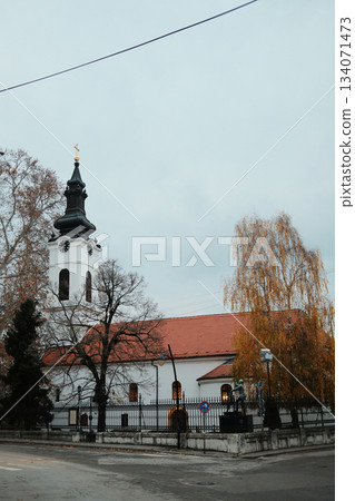 A white church with a dark spire rises above autumn trees in Sremski Karlovci, Serbia. The calm atmosphere highlights the historic and spiritual character of the town 134071473