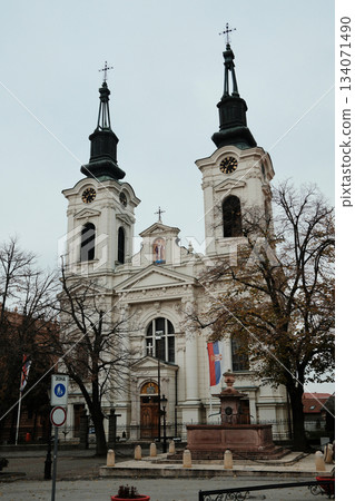 The twin towers of Saint Nicholas Cathedral rise above the central square of Sremski Karlovci, Serbia. The architecture reflects deep cultural and spiritual traditions 134071490