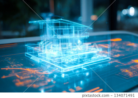 A futuristic interior presents a hologram of a modern building design. Bright blue light highlights the structure, revealing intricate details in a digital space. 134071491
