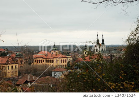 Twin church towers and historic yellow architecture framed by autumn branches. The composition highlights heritage, culture, and city identity. Sremski Karlovci town in Serbia in autumn season 134071524