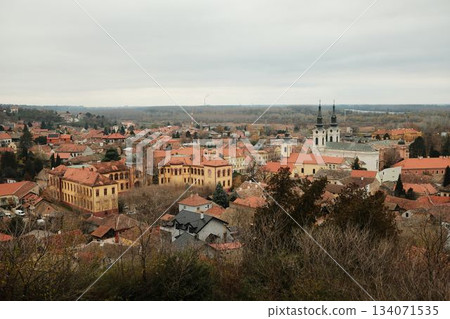 Historic rooftops of Sremski Karlovci with iconic yellow architecture and church towers. The scene conveys heritage, culture, and timeless atmosphere Historic rooftops of Sremski Karlovci with iconic yellow architecture and church towers. The scene conveys heritage, culture, and timeless atmosphere 134071535