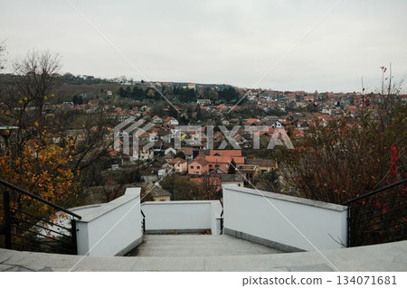A descending white stairway opens toward the dense rooftops of Sremski Karlovci. The composition highlights elevation, direction, and the structure of the town 134071681