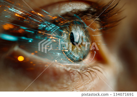A close-up view of a realistic female eye blinking, showcasing intricate details and digital elements that suggest depth, emotion, and inner thoughts. 134071691
