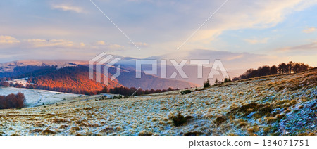 Autumn misty morning mountain hill 134071751