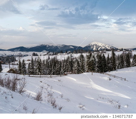 Countryside hills, groves and farmlands in winter remote alpine mountain village 134071787