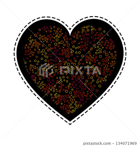 Multicolored motley heart on a black background. Heart of many colorful circles. Valentine day greeting card. Dark romantic decor Multicolored motley heart on a black background. Heart of many colorful circles. Valentine day greeting card. Dark romantic decor 134071969