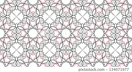 Black red ethnic seamless ornament. Fantasy ornate background. Graceful fine lace of swirls. Geometric pattern of curved lines with hearts 134071977