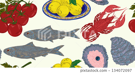 seamless pattern with seafood, fish and sea fish 134072097