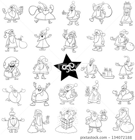 black and white cartoon Santa Christmas characters big set 134072188
