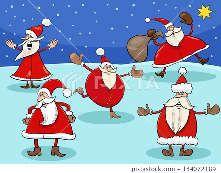 cartoon Santa Clauses characters group on Christmas time 134072189