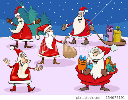 funny cartoon Santa Clauses characters group on Christmas time 134072191