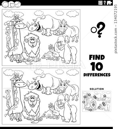 differences activity puzzle with cartoon wild animals coloring page 134072195