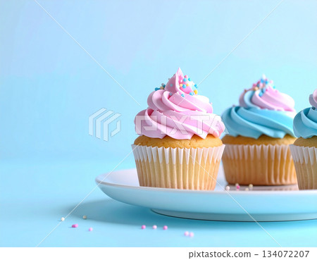 Yummy dessert. Various cupcakes in pastel colors on dessert stand with soft lighting. Yummy dessert. Various cupcakes in pastel colors on dessert stand with soft lighting. 134072207