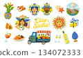 Iconic Sicily symbols like sun, ceramics, volcano, fruit cart, Trinacria, lemons and wine 134072333