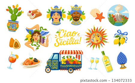 Iconic Sicily symbols like sun, ceramics, volcano, fruit cart, Trinacria, lemons and wine 134072333