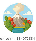 Vibrant vector illustration of active volcano with cactus fruits and lake 134072334