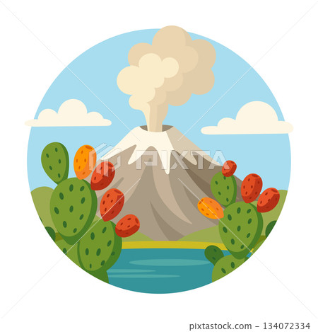 Vibrant vector illustration of active volcano with cactus fruits and lake 134072334