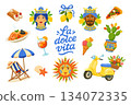 Fun Italian themed illustrations with lemons, sun, beach, scooter, food and Sicilian heads 134072335