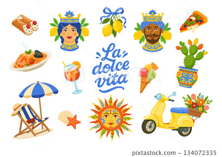 Fun Italian themed illustrations with lemons, sun, beach, scooter, food and Sicilian heads Fun Italian themed illustrations with lemons, sun, beach, scooter, food and Sicilian heads 134072335