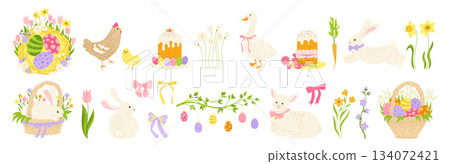 Easter elements set hand drawn illustration Easter eggs rabbit chicken goose lamb childish vector 134072421