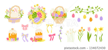 Easter elements hand drawn set Easter eggs basket cakes adorable rabbit ribbon vector illustration 134072430