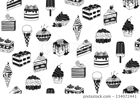 Cakes, pieces of cake ice cream desserts vector seamless pattern Birthday slices cakes background 134072441