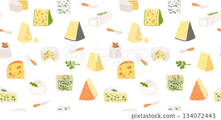 Cheese seamless pattern cartoon illustration Brie Camembert Parmesan vector endless design template Cheese seamless pattern cartoon illustration Brie Camembert Parmesan vector endless design template 134072443