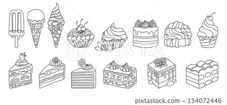 Cakes pieces of cake ice cream different types desserts vector set line doodle hand drawn bakery Cakes pieces of cake ice cream different types desserts vector set line doodle hand drawn bakery 134072446