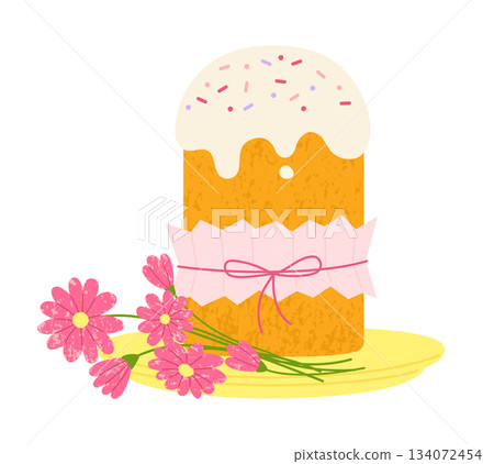 Easter cake and flowers for Happy Easter postcard holiday bakery cute sweet bread icing sweet pastry Easter cake and flowers for Happy Easter postcard holiday bakery cute sweet bread icing sweet pastry 134072454