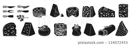 Cheese hand drawn black silhouette set illustration different shape cheese Graphic vector design art 134072455
