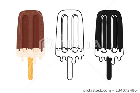 Ice cream symbol cartoon set melting dripping cream on stick chocolate glaze vector illustration Ice cream symbol cartoon set melting dripping cream on stick chocolate glaze vector illustration 134072490