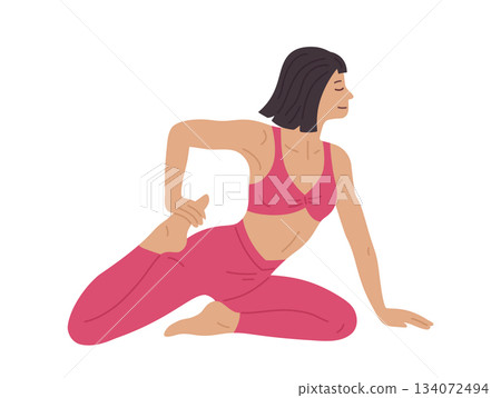 Woman practicing yoga Pilates exercise cartoon illustration girl leg muscle stretching relaxed pose Woman practicing yoga Pilates exercise cartoon illustration girl leg muscle stretching relaxed pose 134072494