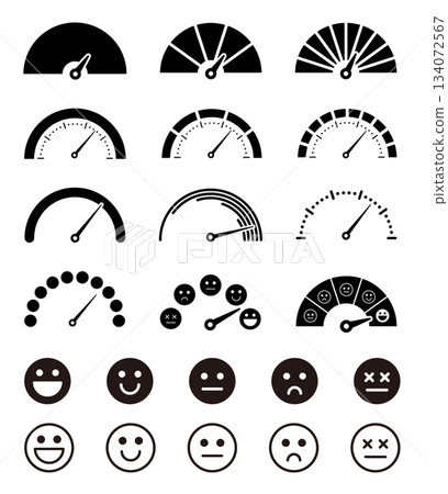 Set of emoticons and speedometers. Tachometer. Customer satisfaction, score, rating icons. 134072567