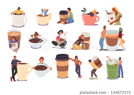 Tiny people cartoon characters with huge coffee cups set showcasing caffeine love and daily rituals Tiny people cartoon characters with huge coffee cups set showcasing caffeine love and daily rituals 134072572