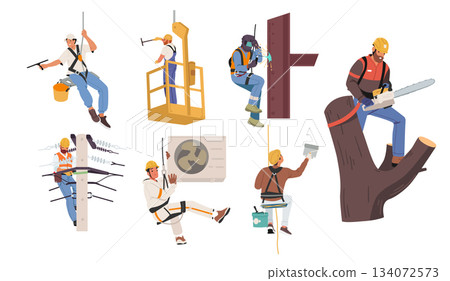 Industrial climbers workers cartoon characters using height safety equipment isolated set on white 134072573