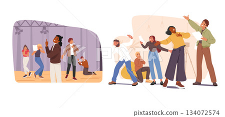 Drama theatre class for people set with diverse male female characters experiencing improvisation 134072574