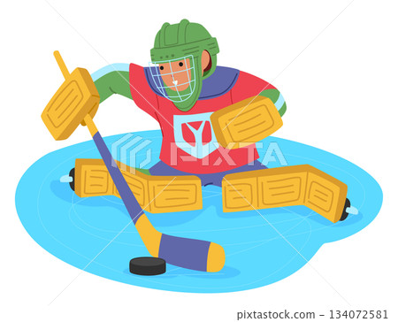 Boy child hockey goalkeeper cartoon character in full gear skillfully blocking puck defending net Boy child hockey goalkeeper cartoon character in full gear skillfully blocking puck defending net 134072581