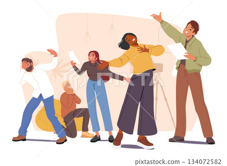 Diverse people group intensely engaged in expressive role play during drama class cartoon scene 134072582