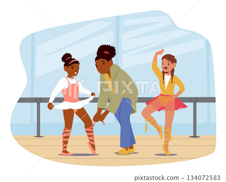 Pretty girls in tutu dress diligently dancing and training during ballet class for children scene 134072583