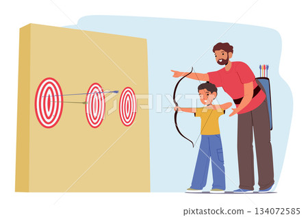 Cute boy child happily engaged in archery training after school, receiving guidance from instructor Cute boy child happily engaged in archery training after school, receiving guidance from instructor 134072585
