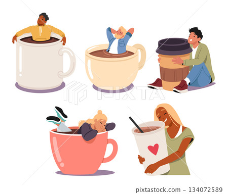 Satisfied and glad people cartoon characters immersed in cup of coffee, hugging takeaway aroma drink 134072589