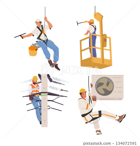 Industrial climbers cartoon characters performing high-access work with professional height safety 134072591