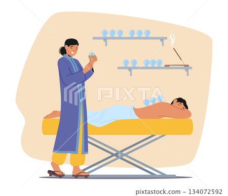 Woman master applying cupping therapy representing traditional Eastern alternative medicine 134072592