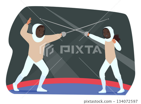 Children actively engaged in epee fencing enjoying after school sports hobby activity cartoon scene 134072597
