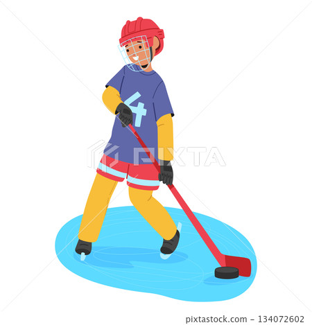 Little cute kid hockey player radiating enthusiasm while skating on ice rink vector illustration Little cute kid hockey player radiating enthusiasm while skating on ice rink vector illustration 134072602