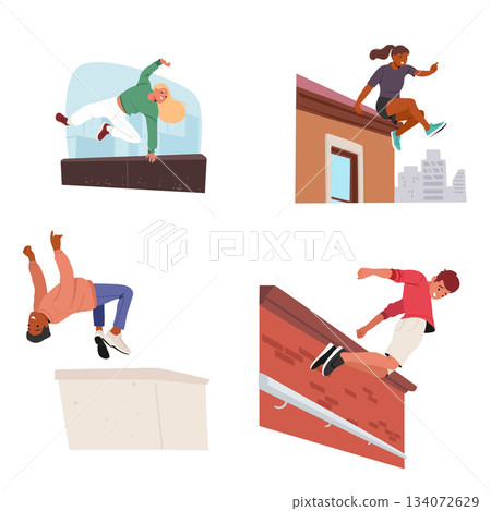 Teenage guys cartoon character performing outdoor parkour and free running extreme city sports Teenage guys cartoon character performing outdoor parkour and free running extreme city sports 134072629